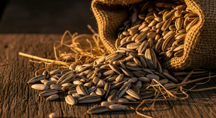 Sunflower Seeds Bursting From Rustic Bag On Detailed Wooden Surface Display