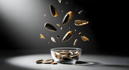 Sunflower Seeds Bursting Out From Glass Bowl Against Dark Shadow Background