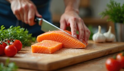 Man cuts salmon fish with knife on wooden chopping board in kitchen. Person prepares healthy meal with fresh seafood, vegetables. Cutting board with raw fish, tomatoes, garlic, herbs on kitchen table.