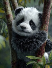 Fototapeta premium A fluffy, baby panda sits nestled amongst tree branches, gazing at the viewer with soulful eyes