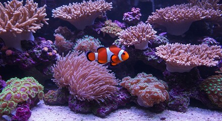 Vibrant underwater scene featuring a clownfish amidst colorful coral reefs