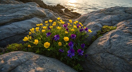 Vibrant wildflowers bloom among rocks near water during golden hour