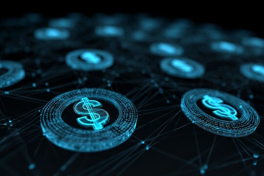 A vibrant and futuristic representation of digital currency, showcasing interconnected dollar symbols on a dark background, suggesting financial technology and global network. - Powered by Adobe