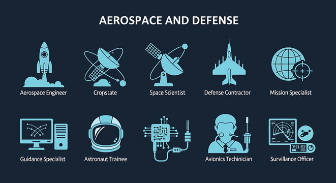 Graphic of ten job roles in the Aerospace and Defense industry with icons
