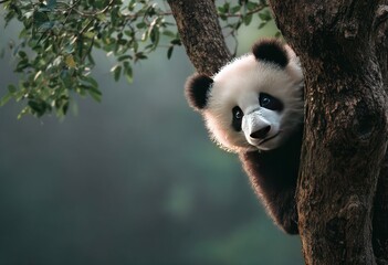 Obraz premium A cuddly panda cub peeks from behind a tree, gazing with gentle eyes. Soft light bathes the scene