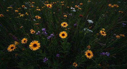 Vibrant wildflowers bloom in a meadow showcasing natures beauty and colors