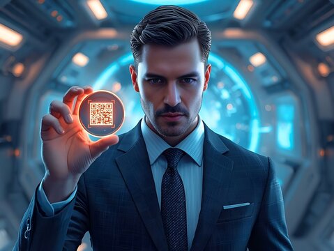 Modern businessman presents innovative QR code technology for secure digital transformation solutions