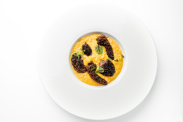 Gourmet saffron risotto served with roasted morel mushrooms and microgreens on a white plate. Elegant fine dining presentation, ideal for upscale culinary themes.