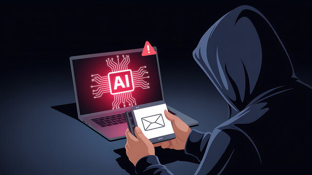 Sinister hacker using advanced AI technology on laptop and phone to launch digital attack, cybercrime threat concept