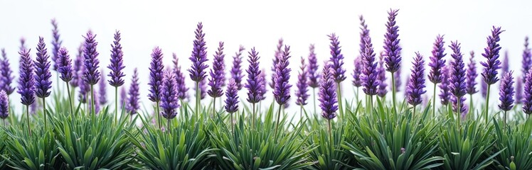 Naklejka premium Purple lavender flowers grow in rows with green leaves against a white sky. These aromatic plants are often used for relaxation and fragrance.