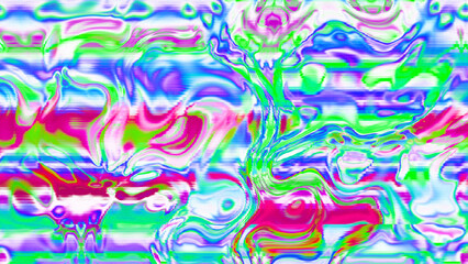 Abstract psychedelic glitch waves with neon colors, distorted digital fluid texture and VHS scanline effect