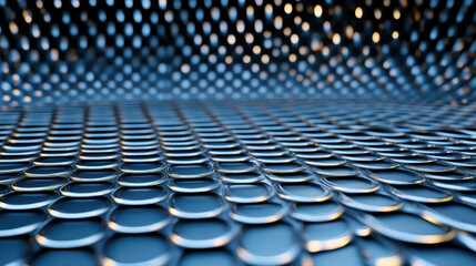 Shiny metal rings arranged grid pattern create visually striking surface. interplay of light