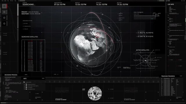 Locations Scan Analysis In Military Program Interface. High Tech Analysis Interface Operating Global Satellites To Track Multiple Locations. Military Location Track Analysis Via Sci-fi Interface.