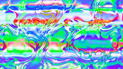 Abstract psychedelic glitch waves with neon colors, distorted digital fluid texture and VHS scanline effect