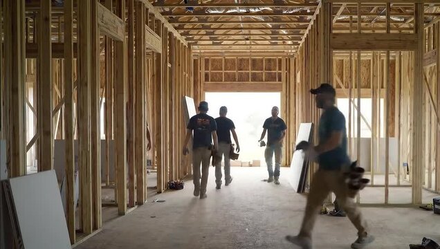 late work undone running construction workers builders are working hard on a construction site, dark unfinished building construction, cement, structure, house, building. Sunlight pouring into the spa