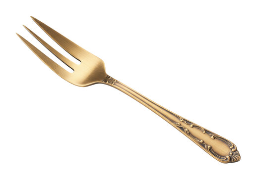Elegant golden fork isolated PNG on transparent background, vintage style cutlery for dining and special occasions, antique gold finish