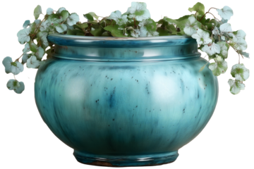 Turquoise crackle glaze ceramic planter bowl with cascading trailing greenery and delicate foliage arrangement on isolated transparent background.