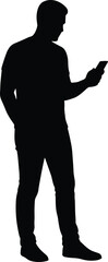 Person looking at smartphone silhouette cartoon illustration, symbolic communication and expressive gesture artwork for lifestyle and tech design