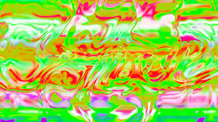 Abstract psychedelic glitch waves with neon colors, distorted digital fluid texture and VHS scanline effect