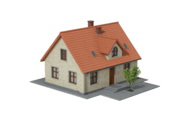Isometric view of a cozy single-family house with red tile roof, brick walls, and a small garden. background removed