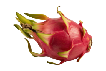 A vibrant red dragon fruit with green accents, isolated on a transparent background. background removed