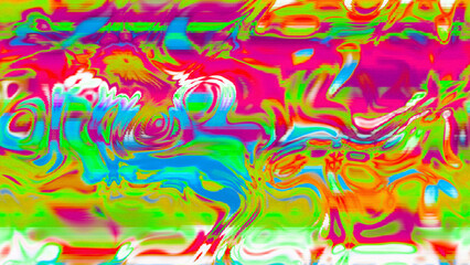 Abstract psychedelic glitch waves with neon colors, distorted digital fluid texture and VHS scanline effect