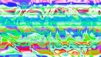 Abstract psychedelic glitch waves with neon colors, distorted digital fluid texture and VHS scanline effect