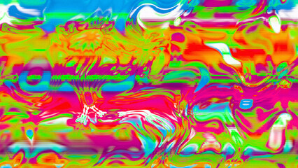 Abstract psychedelic glitch waves with neon colors, distorted digital fluid texture and VHS scanline effect