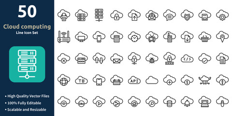 Cloud computing icon set in Outline style. Minimilist and trendy Icon set. Containing Icons,Printer,Database,Server,Locked,File upload,Message,and so on.