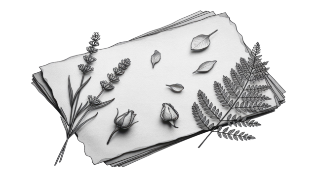 Hand-drawn illustration of lavender, rose buds, fern, and leaves on a stack of paper with a transparent background. background removed