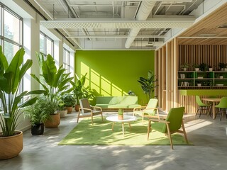 Inspiring green office with stylish furniture and indoor plants for creative brainstorming sessions