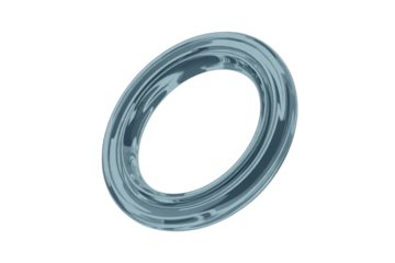 A 3D rendering of a sleek, metallic, torus-shaped object with a reflective surface against a transparent background. background removed