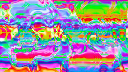 Abstract psychedelic glitch waves with neon colors, distorted digital fluid texture and VHS scanline effect