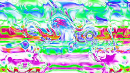 Abstract psychedelic glitch waves with neon colors, distorted digital fluid texture and VHS scanline effect