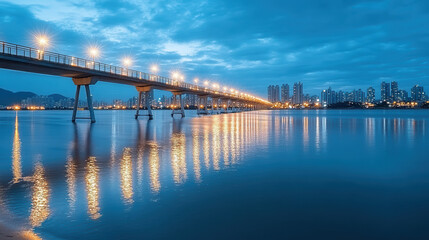 Obraz premium Serene twilight scene featuring bridge illuminated by streetlights, reflecting calm waters