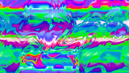 Abstract psychedelic glitch waves with neon colors, distorted digital fluid texture and VHS scanline effect