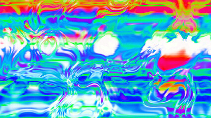 Abstract psychedelic glitch waves with neon colors, distorted digital fluid texture and VHS scanline effect
