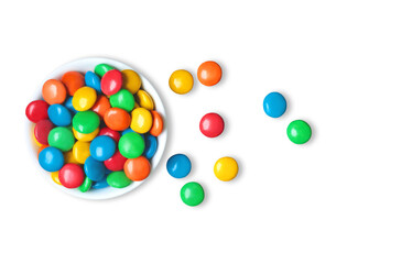 Round plate filled with colorful candies, top view, isolated on a transparent background