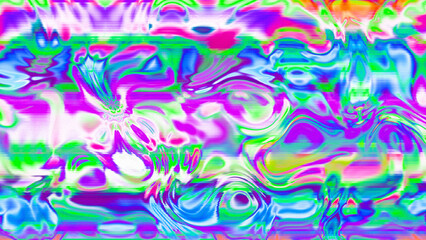 Abstract psychedelic glitch waves with neon colors, distorted digital fluid texture and VHS scanline effect