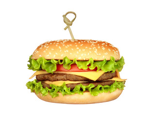 Tasty Cheeseburger with beef patty, melted cheese, lettuce, isolated on transparent background