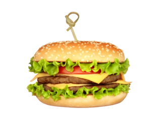 Tasty Cheeseburger with beef patty, melted cheese, lettuce, isolated on transparent background