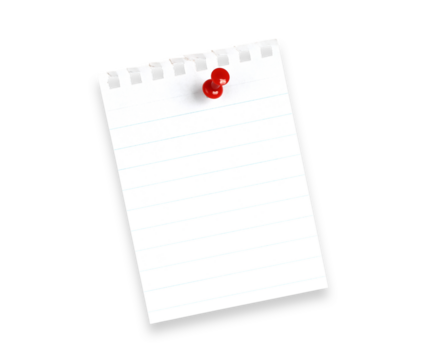 Blank sheet of paper for notes pinned by red pin, isolated on transparent background