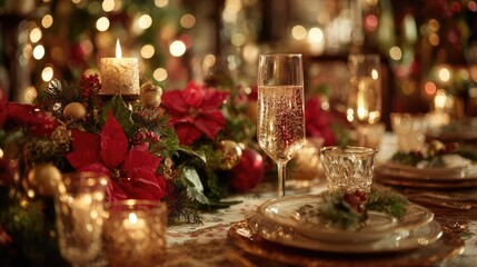 Traditional Christmas dinner served with festive spirit concept. Elegant holiday dinner table with festive decorations and ambiance.
