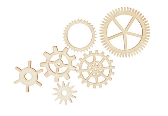 Collection of wooden mechanical gears with detailed texture and realistic shadows, isolated on a transparent background