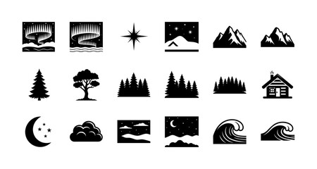 Nature icons set: forest, mountains, ocean waves, and night sky silhouettes