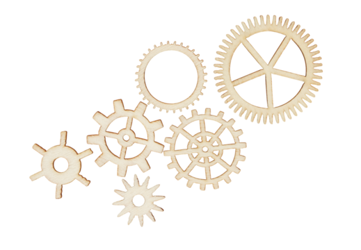 Collection of wooden mechanical gears with detailed texture and realistic shadows, isolated on a transparent background