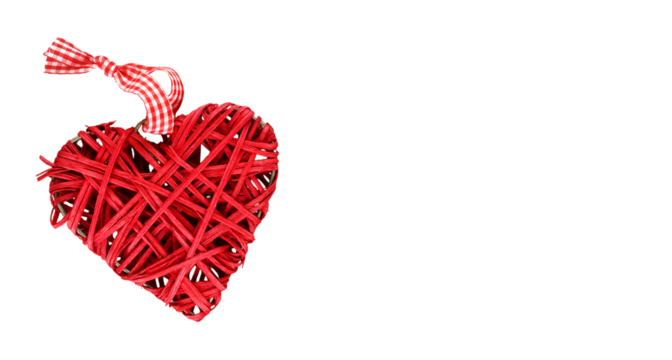 Red decorative woven heart symbolizing love and romance, with copy space for text or design, isolated on a transparent background