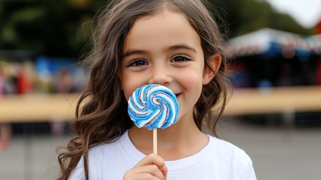 Young girl enjoying colorful lollipop at a festive outdoor event
