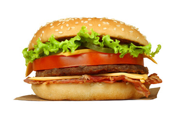 Juicy burger topped with crispy bacon, isolated on a transparent background