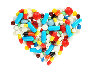 Medical tablets scattered in the shape of a heart, isolated on a transparent background